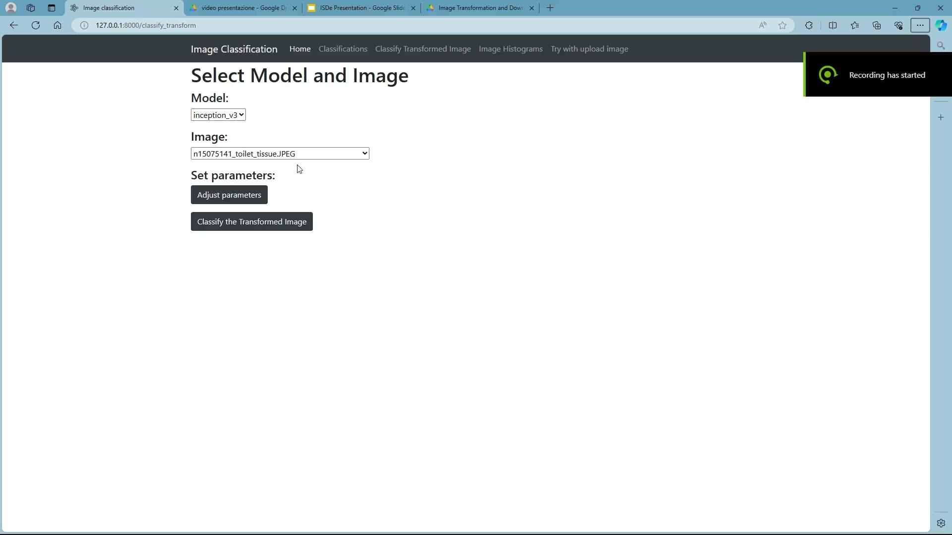 Transformed image classification screen
